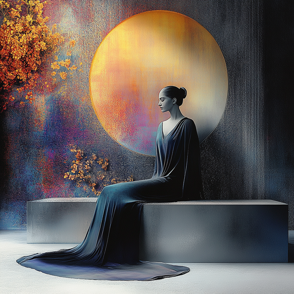 Frau in elegantem, dunklem Gewand sitzt vor einer großen, leuchtenden Kugel – eine ruhige, meditative Szene in schimmernden Blau- und Goldtönen.
