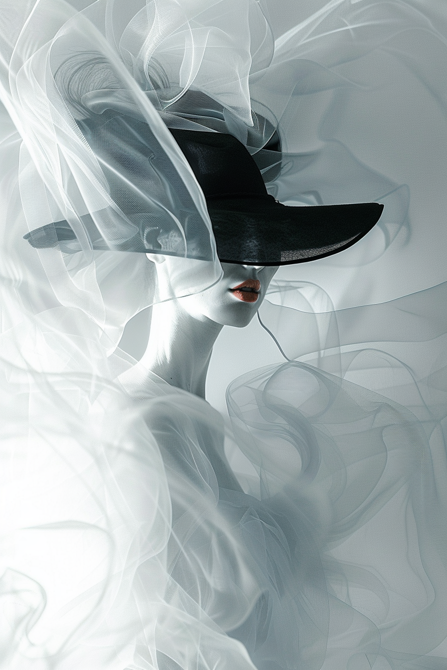 frau mit schwarzem hut in transparentem schleier, minimalistisches porträt in grautönen, lichtspiel und modekunst
