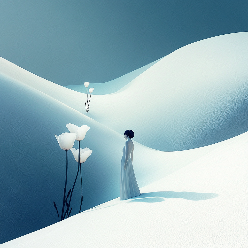 Frau in weißem Kleid steht in einer stillen, schneeähnlichen Dünenlandschaft mit weißen Blumen
