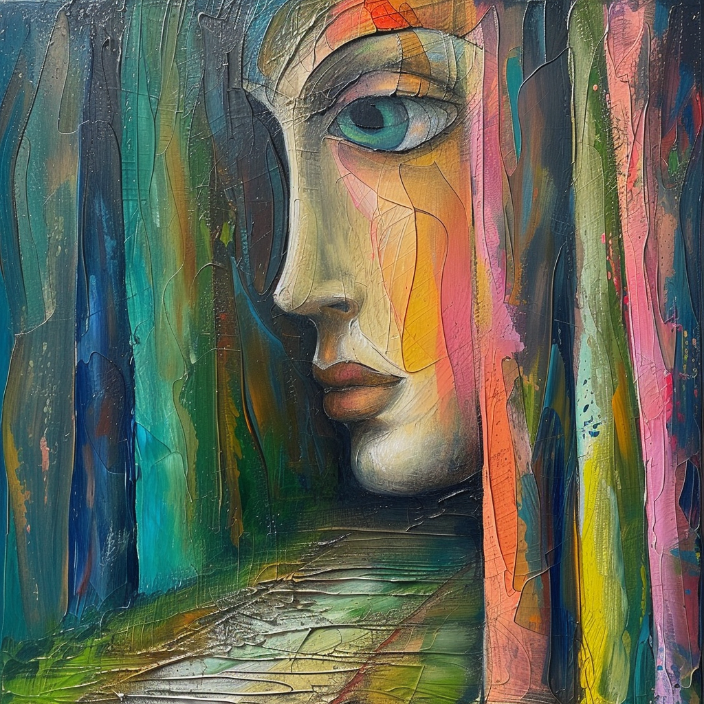 Porträt einer geheimnisvollen Figur, deren Gesicht aus einem farbintensiven, waldähnlichen Hintergrund hervortritt – zwischen Licht und Schatten, zwischen Beobachtung und Traum.
