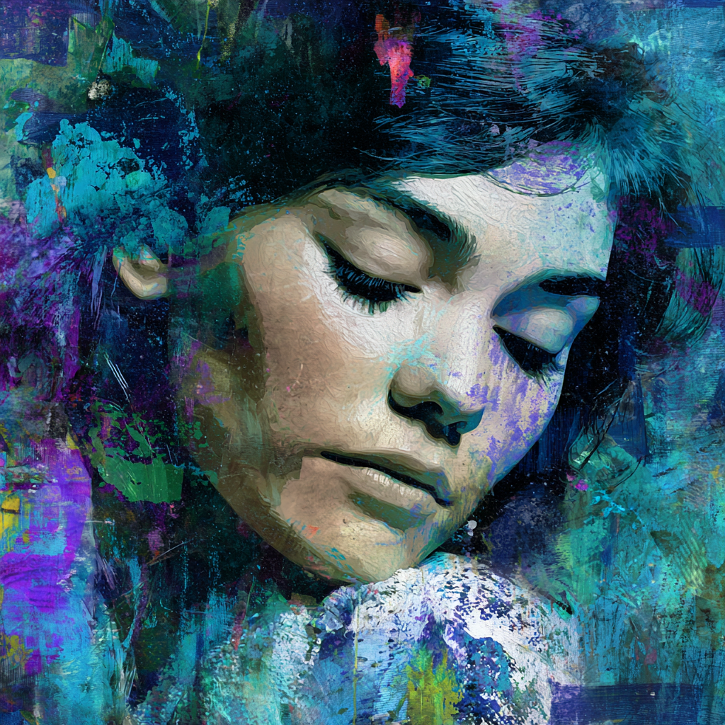 Porträt einer Frau mit geschlossenen Augen in intensiven Blau- und
Violettfarben, eingebettet in abstrakte Texturen.
