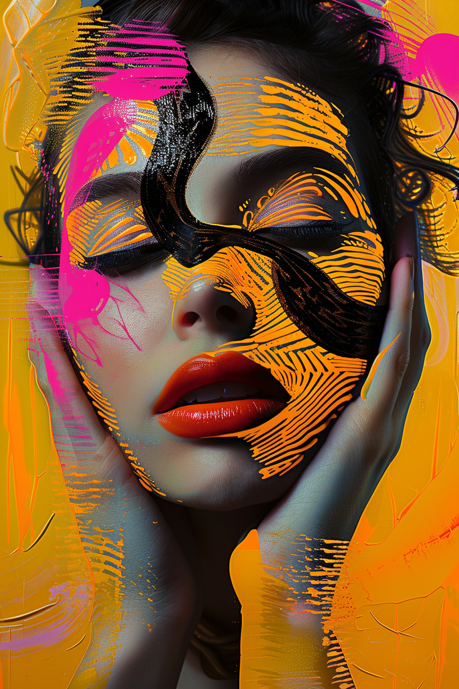 Porträt einer Frau mit geschlossenen Augen, überzogen von leuchtenden Farbstrichen in Orange, Schwarz und Pink – Symbol für Emotion, Transformation und innere Energie

