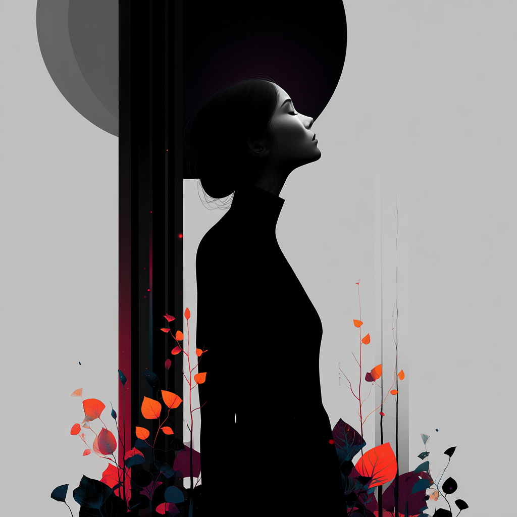 Silhouette einer Frau vor hellem Hintergrund mit roten und blauen Blättern, ruhig und poetisch.
