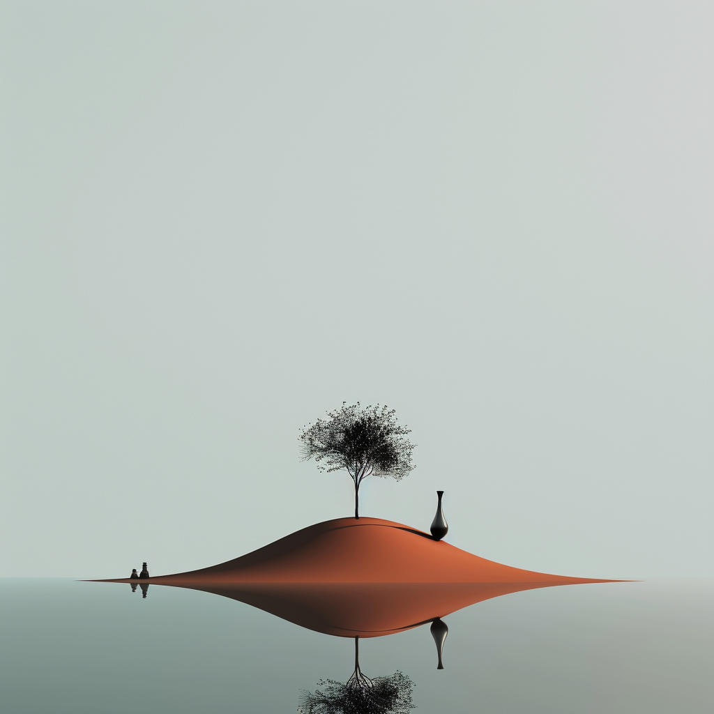 Minimalistische Szene mit einer kleinen sandfarbenen Insel, einem einzelnen Baum und einer Vase, die sich im stillen Wasser spiegeln – klare Komposition und ruhige Atmosphäre.
