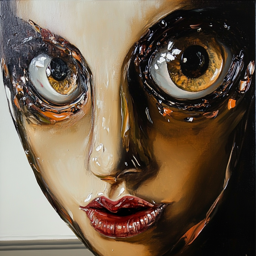 Nahaufnahme eines Gesichts mit übergroßen Augen und glänzender Farbstruktur – expressionistisches Porträt mit emotionaler Tiefe.
