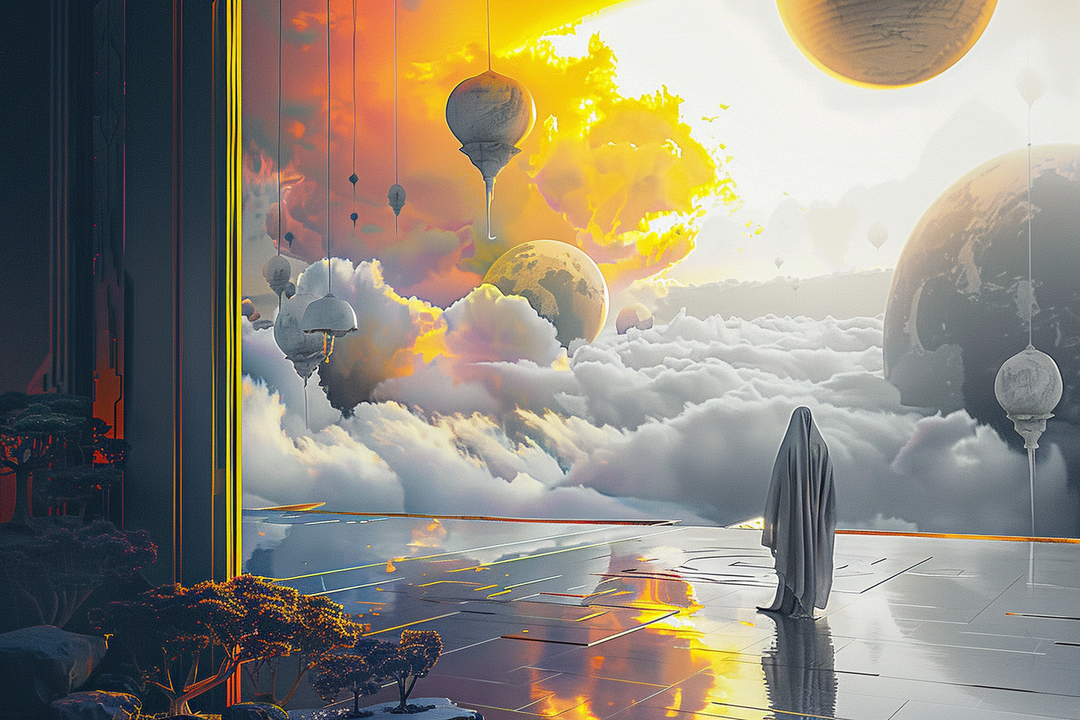 Surreale Szene mit einer in ein Tuch gehüllten Figur, die auf eine leuchtende Wolkenlandschaft blickt. Zwischen den Wolken schweben planetenartige Kugeln und architektonische Formen in warmem Licht von Gold, Orange und Grau.
