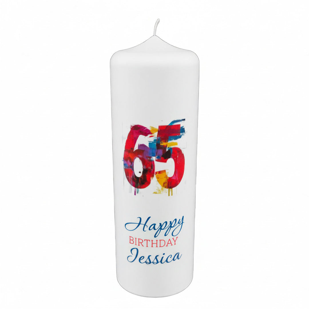 Personalisierte Jubiläumskerze in Weiß, Größe 250 × 80 mm, individuell gestaltet mit Jubiläumszahl, Name und Wunschtext, 65 Jessica