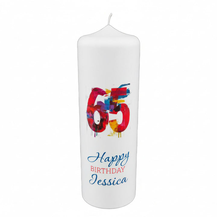 Personalisierte Jubiläumskerze in Weiß, Größe 250 × 80 mm, individuell gestaltet mit Jubiläumszahl, Name und Wunschtext, 65 Jessica