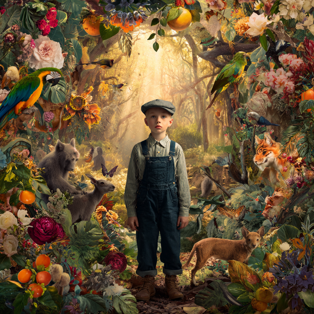 Junge mit Mütze steht im magischen Wald, umgeben von Tieren, Blumen und Papageien – märchenhafte digitale Kunst mit Natur und Licht.
