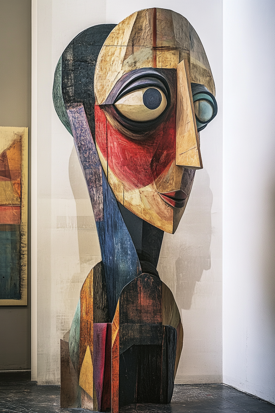 Abstrakte Holzskulptur mit geometrischem Gesicht in kräftigen Farben
