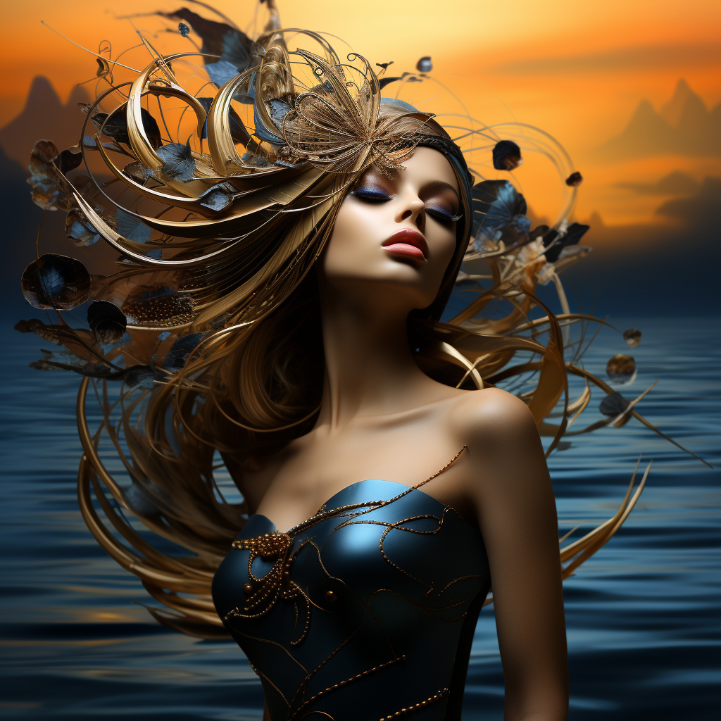 Porträt einer Frau in einem kunstvollen, blauen Kleid mit goldenen Ornamenten und floraler Kopfbedeckung vor einem Sonnenuntergang über dem Meer.
