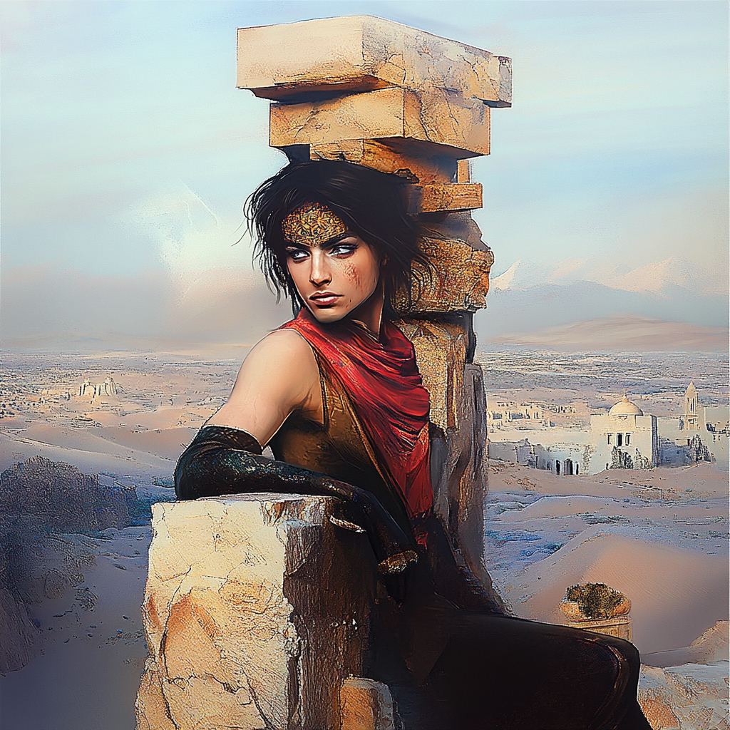 Kämpferin mit rotem Schal lehnt an einer Steinruine in einer weiten Wüstenlandschaft
