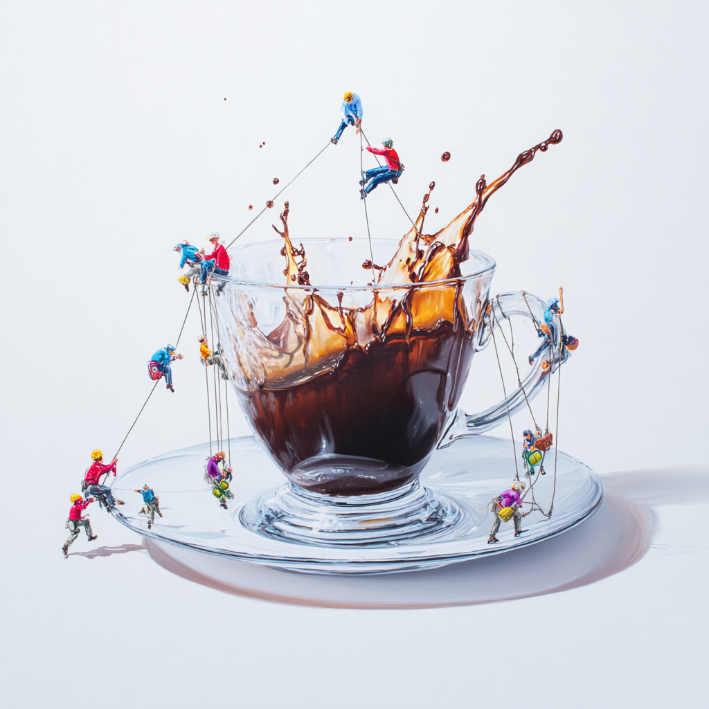 Miniaturfiguren klettern an einer Tasse Kaffee hinauf, während die Flüssigkeit spritzt – humorvolle und kreative Darstellung des Alltags.
