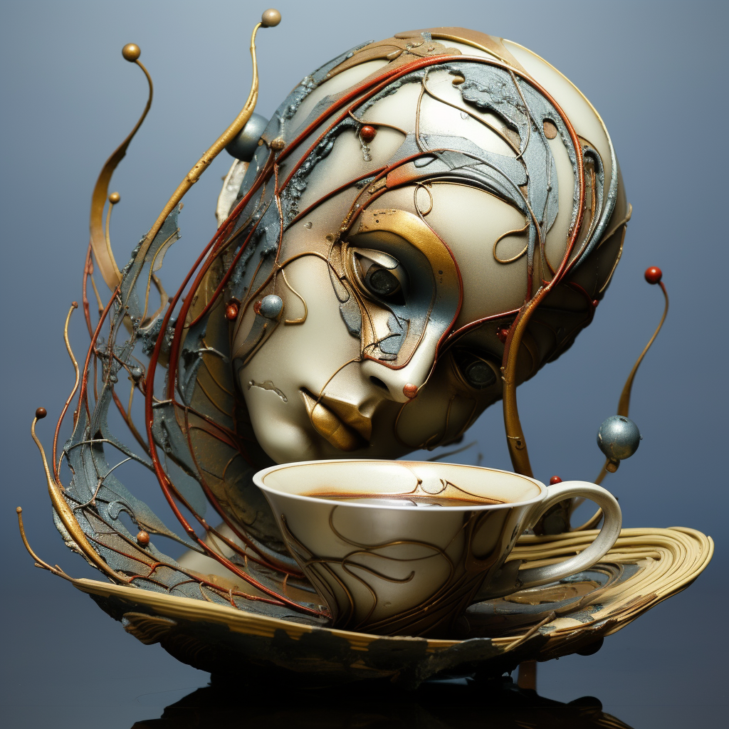 Surreales Porträt eines weiblichen Gesichts, das mit einer Kaffeetasse verschmilzt – goldene, metallische Linien und organische Formen.
