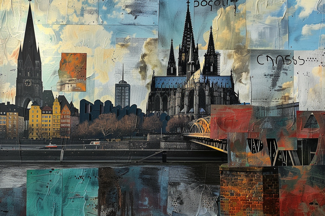 Gemälde einer Stadtlandschaft mit einer gotischen Kathedrale im Zentrum, flankiert von bunten Häusern und einer Brücke über einen Fluss. Der Himmel ist in weichen Blau- und Beigetönen gehalten, überlagert von abstrakten Strukturen und Farbflächen in Rot, Türkis und Grau. Das Werk wirkt wie eine Collage aus Architektur, Erinnerung und Emotion.
