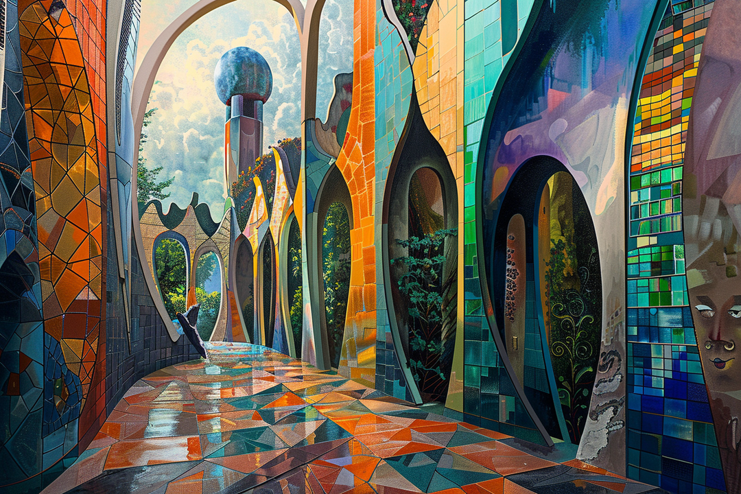 Ein leuchtender, surrealer Gang aus mosaikartigen Flächen in Grün-, Orange- und Blautönen mit hohen Bögen, durch die Licht fällt. Im Hintergrund steht eine Kugel auf einer Säule unter wolkigem Himmel.
