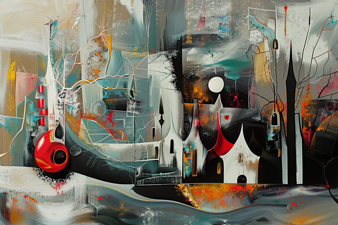 Abstrakte Komposition mit architektonischen Formen, die an Kathedralen erinnern. Helle und dunkle Flächen kontrastieren mit kräftigen Akzenten in Rot, Schwarz und Weiß. Ein heller Mond leuchtet über der Szene, umgeben von surrealen Baumstrukturen.
