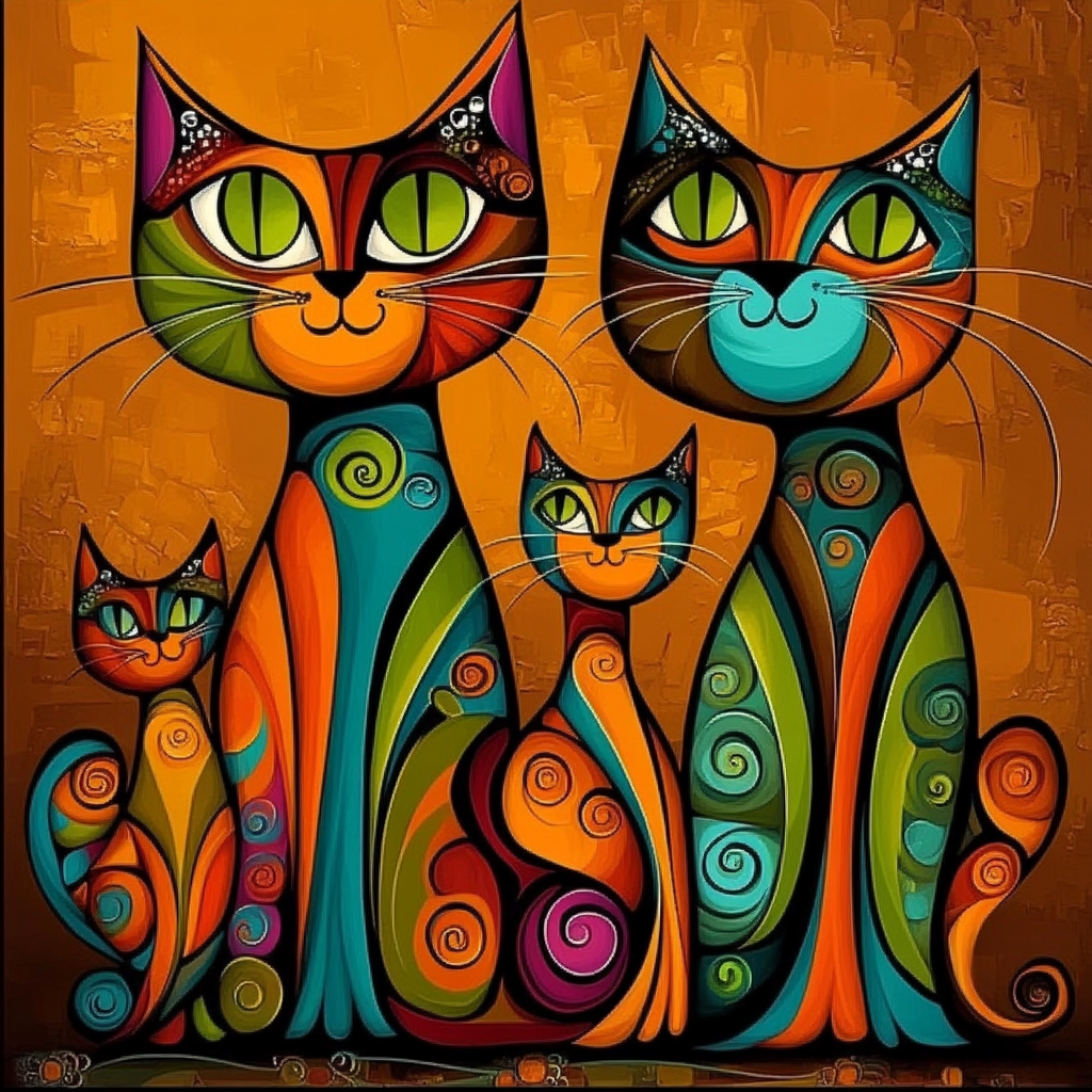 abstrakte katzenfamilie in bunten farben vor orangefarbenem hintergrund
