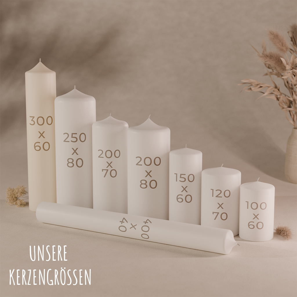 Übersicht verschiedener Kerzengrößen mit weißen Stumpenkerzen in unterschiedlichen Höhen und Durchmessern auf neutralem Hintergrund
