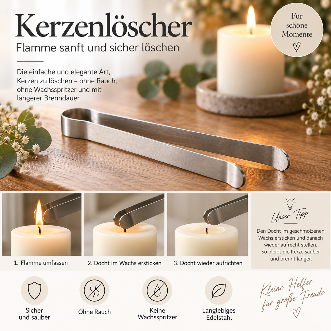 Kerzenlöscher aus Edelstahl – Anwendung: Docht im Wachs löschen und wieder aufrichten