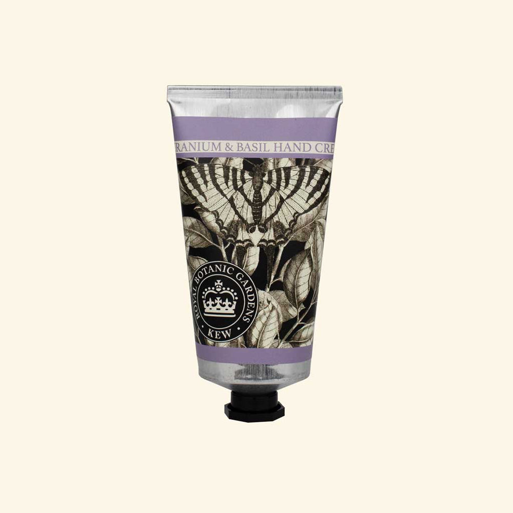 Kew Gardens Handcreme Geranium & Basil in der Tube – luxuriöse Handpflege mit Duft von Geranie & Basilikum, vegan & pflegend.