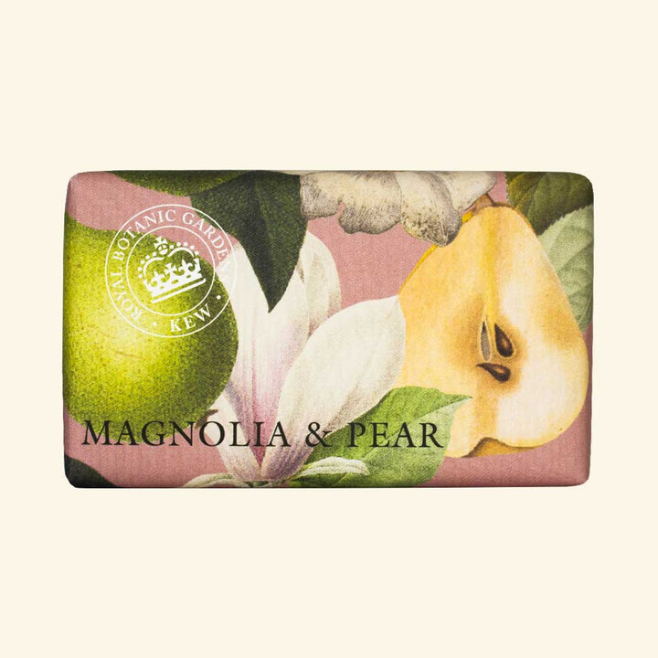 Seifendose mit botanischem Design aus Magnolienblüten und Birnen, Aufschrift: Magnolia & Pear.