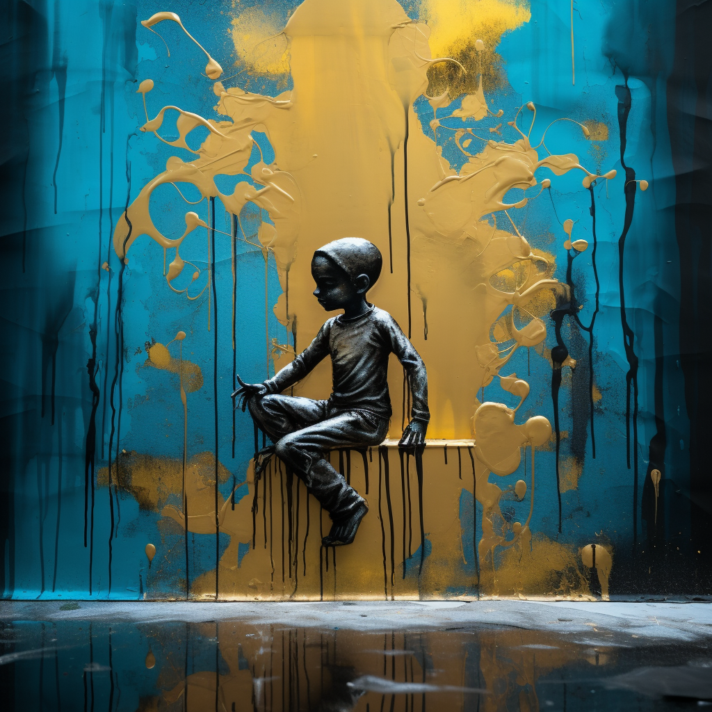 Skulptur eines sitzenden Kindes vor einer Wand aus blauer und goldener Farbe
