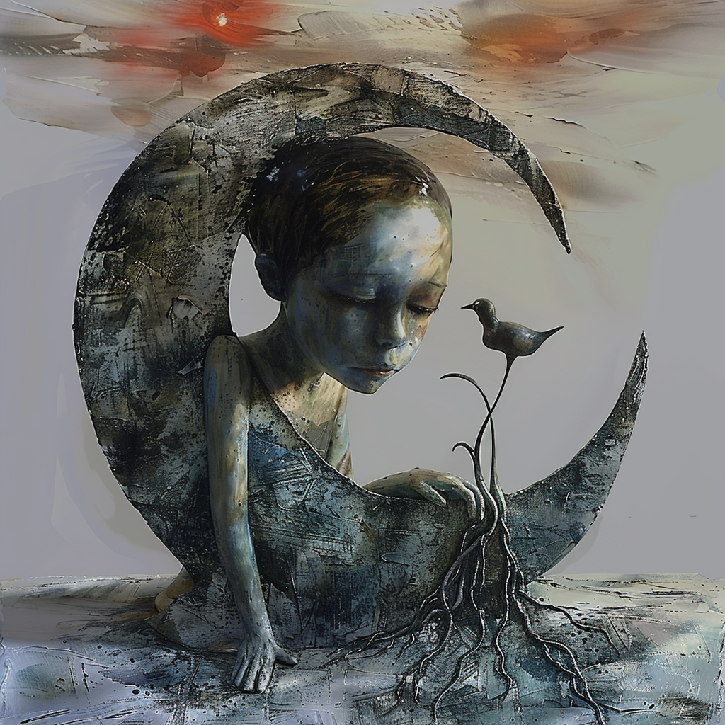 surrealistisches kind in mondsichel mit kleinem vogel und wurzeln
