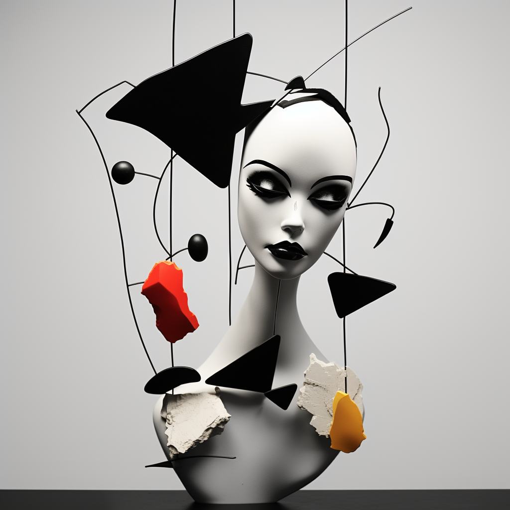 Minimalistische 3D-Komposition eines weiblichen Kopfes, umgeben von geometrischen Formen in Schwarz, Rot und Gelb – ein Balanceakt zwischen Bewegung, Ästhetik und Abstraktion.
