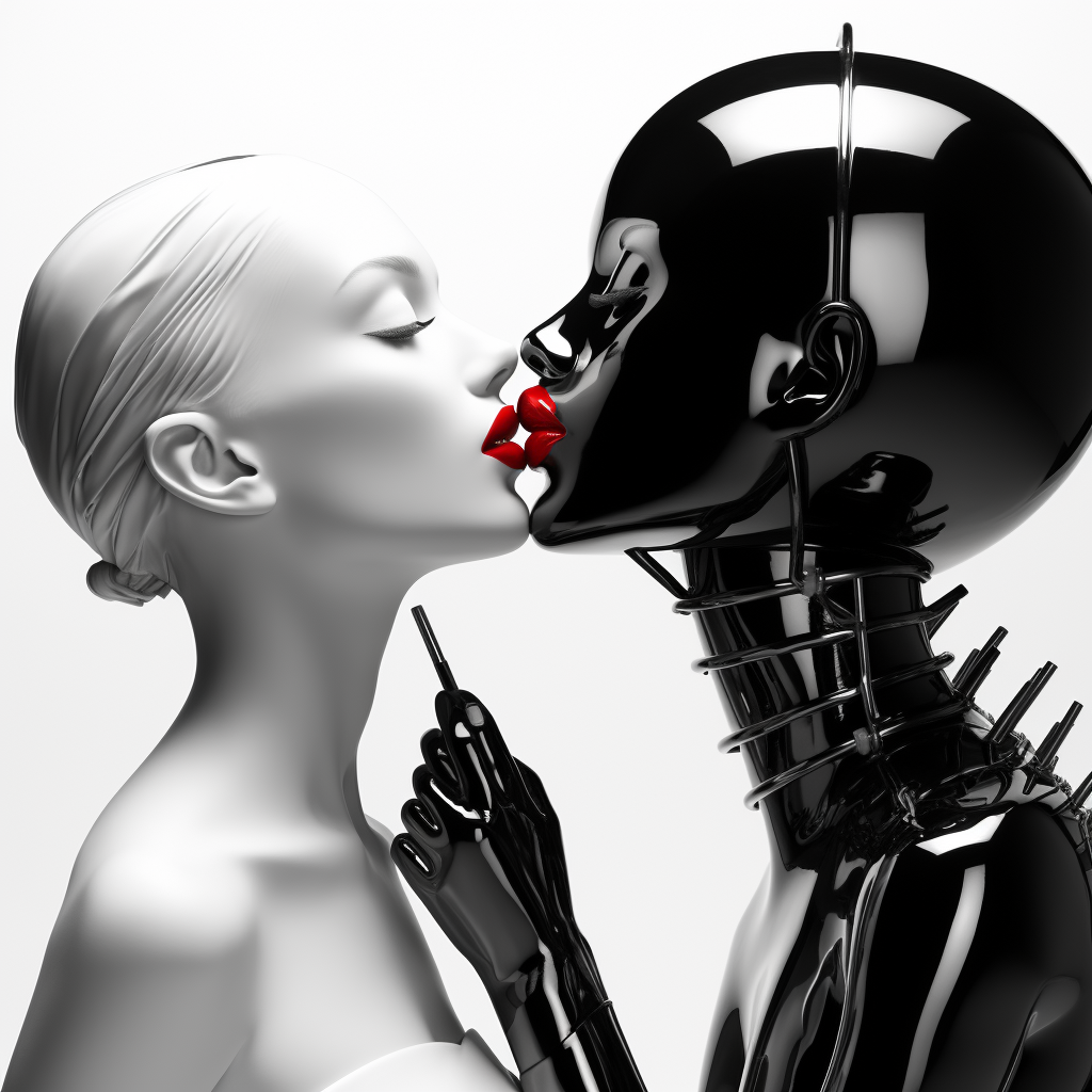 Futuristischer Kuss zwischen einer weißen Figur und einem schwarzen Androiden mit roten Lippen – Symbol für Dualität, Verlangen und Verschmelzung von Mensch und Maschine.
