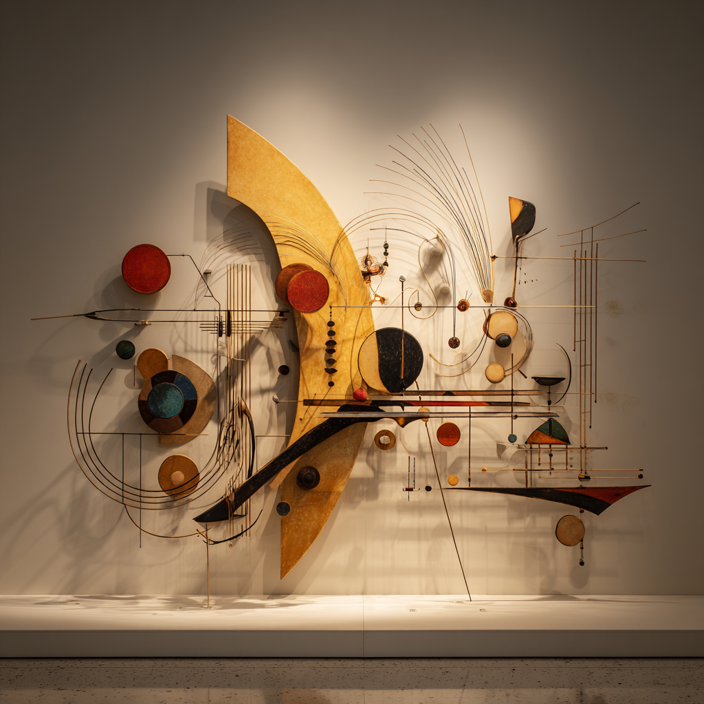 Abstrakte Wandskulptur aus Kreisen, Linien und geometrischen Elementen mit warmen Farben und metallischen Details.
