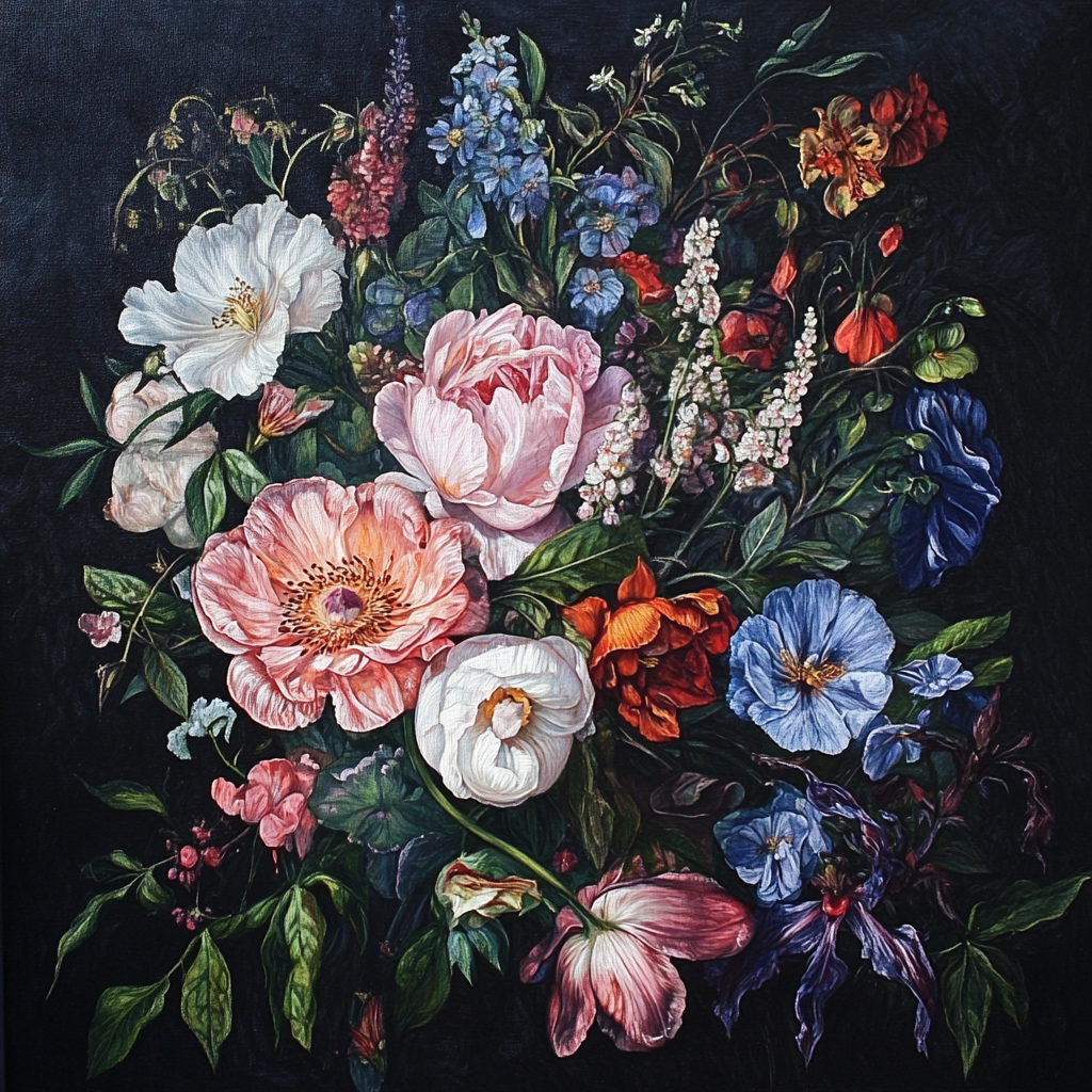 Klassisches Blumenstillleben mit Pfingstrosen, Wiesenblumen und dunklem Hintergrund
