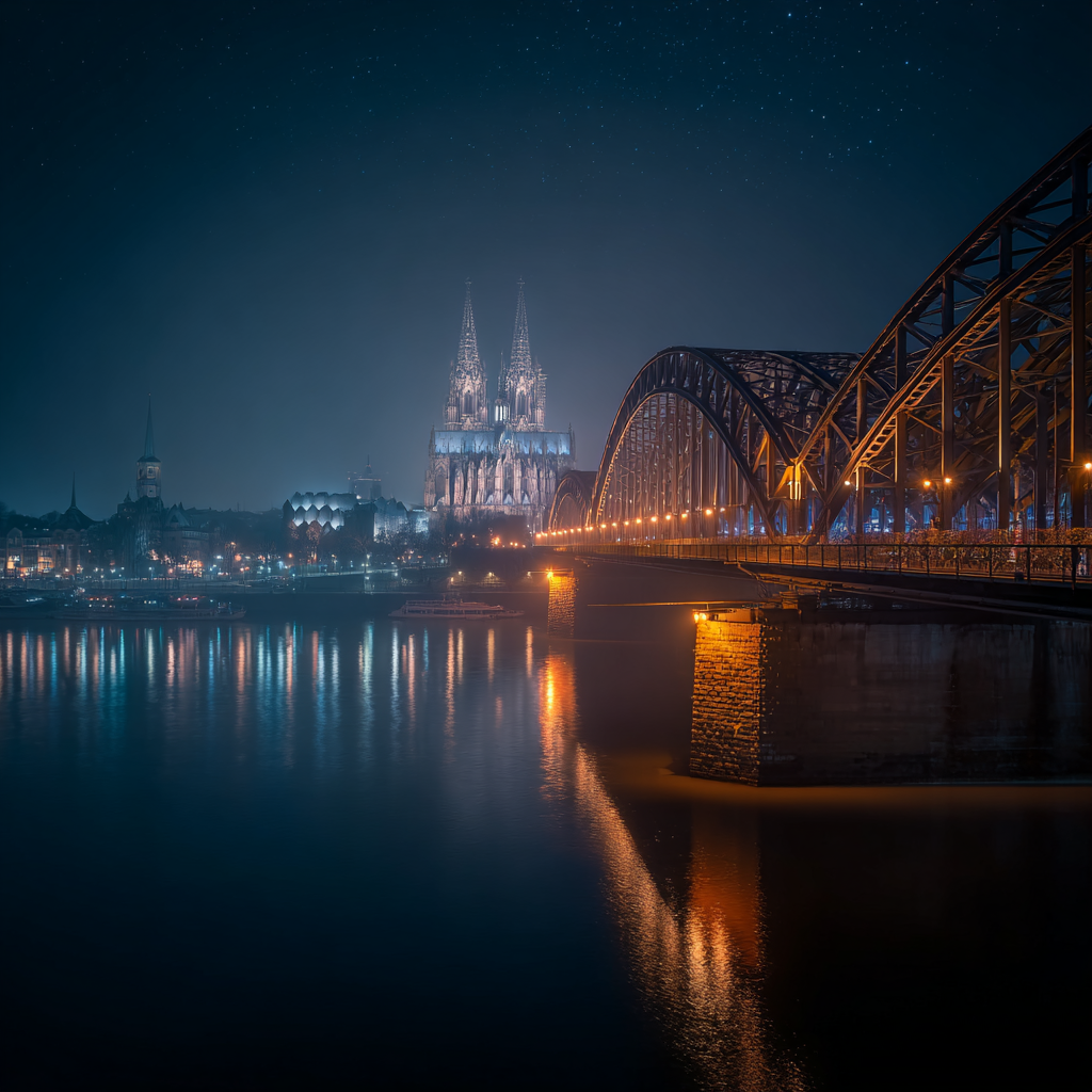 Nächtliche Stadtansicht von Köln mit dem beleuchteten Kölner Dom und der Hohenzollernbrücke, deren Lichter sich im ruhigen Wasser des Rheins spiegeln.

