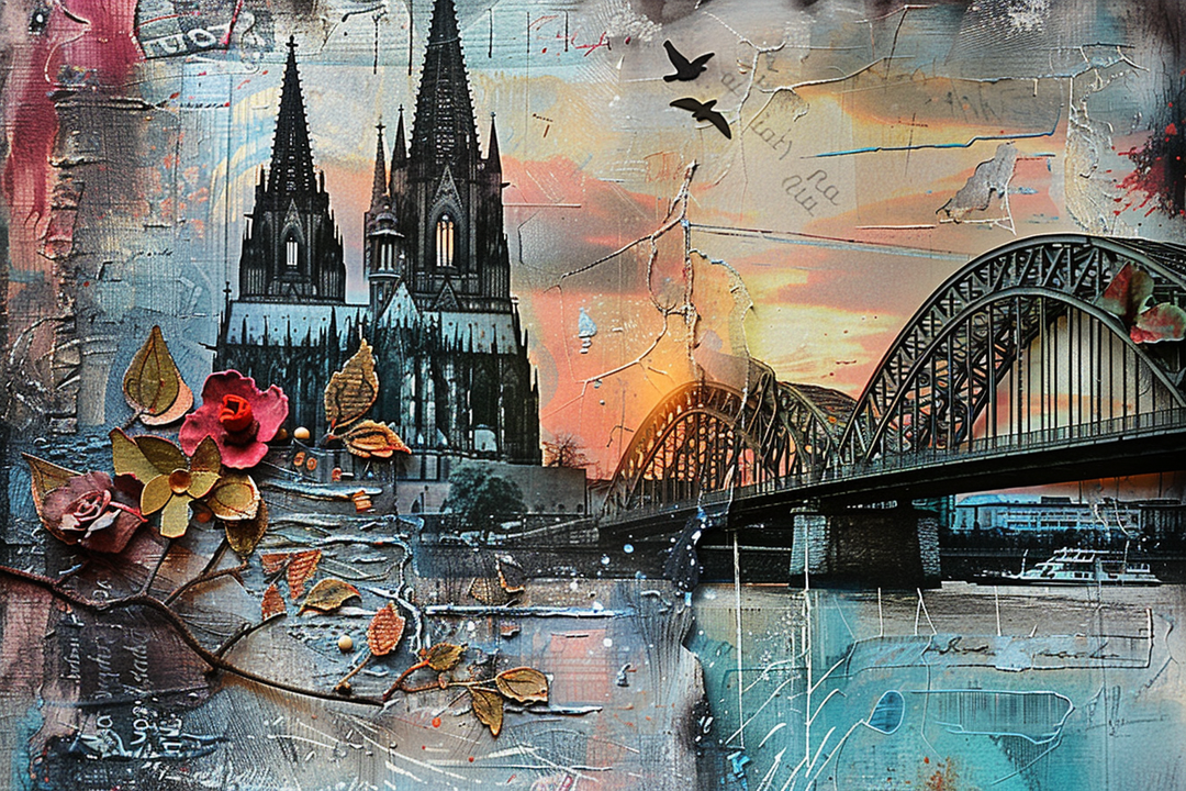 Digitales Kunstwerk mit dem Kölner Dom und der Hohenzollernbrücke im Hintergrund. Im Vordergrund sind Collage-Elemente von Blüten, Blättern und Texturen zu sehen, die an Mixed Media erinnern. Der Himmel zeigt warme Sonnenuntergangsfarben.

