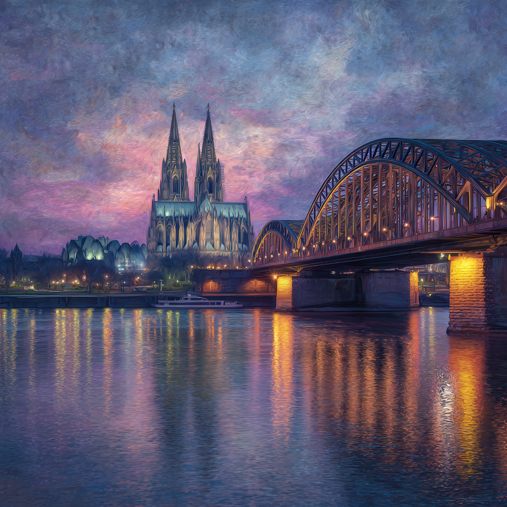 Gemäldeartige Szene von Köln mit Dom, Hohenzollernbrücke und Abendhimmel.

