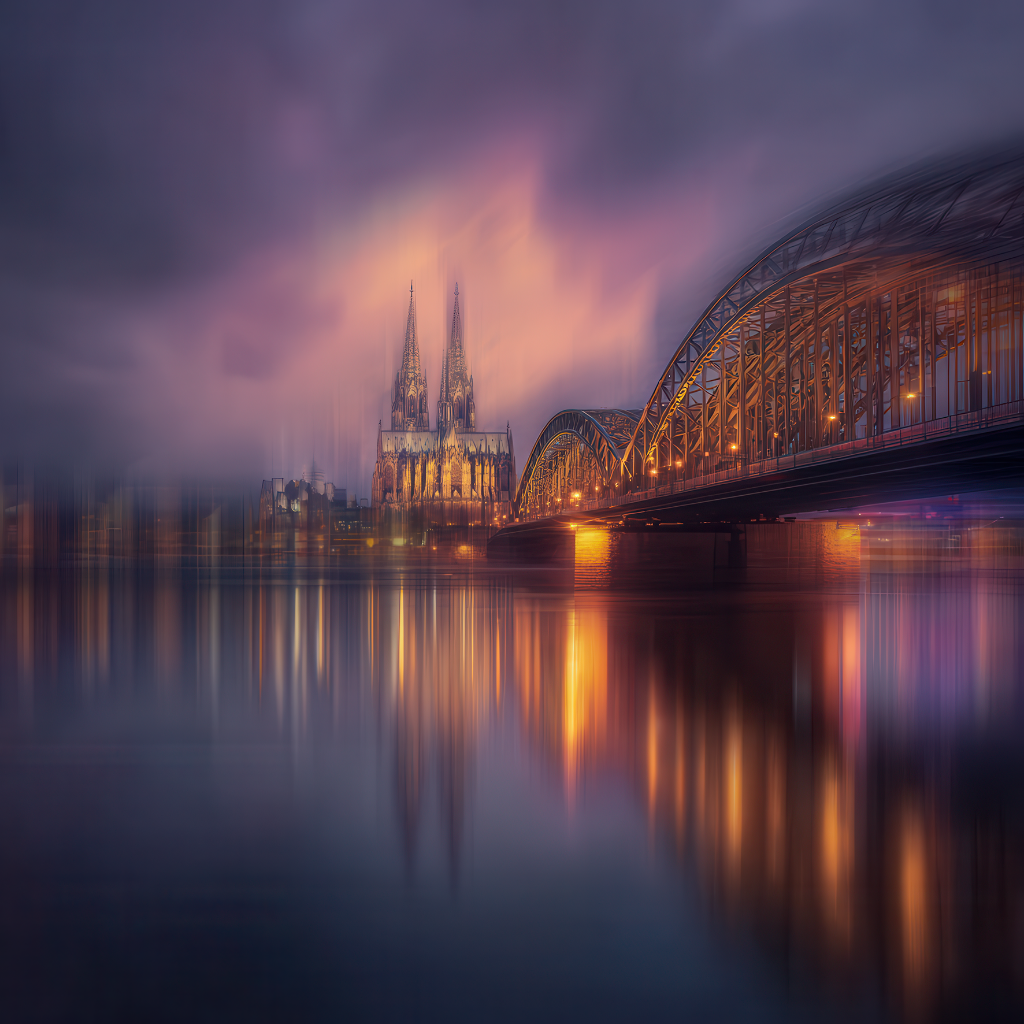 Mystische Abendaufnahme von Köln mit Dom und Hohenzollernbrücke im Nebel.
