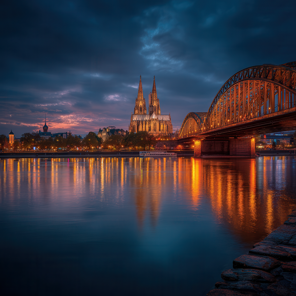 Kölner Dom und Hohenzollernbrücke bei Abendlicht am Rhein.
