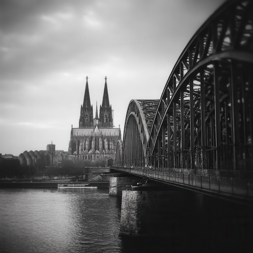 Schwarz-Weiß-Foto vom Kölner Dom und der Hohenzollernbrücke am Rhein.
