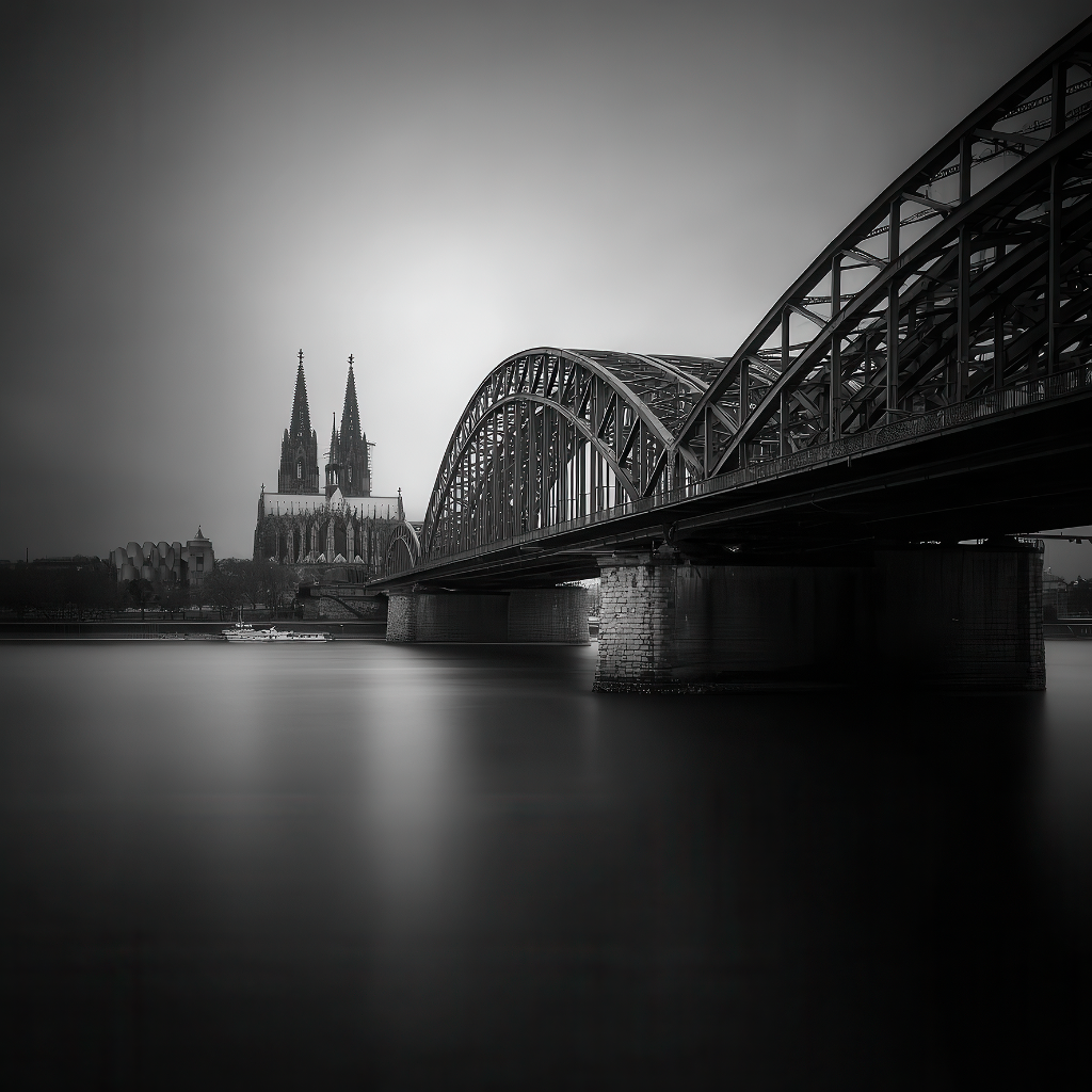 Schwarz-Weiß-Langzeitbelichtung vom Kölner Dom und der Hohenzollernbrücke.
