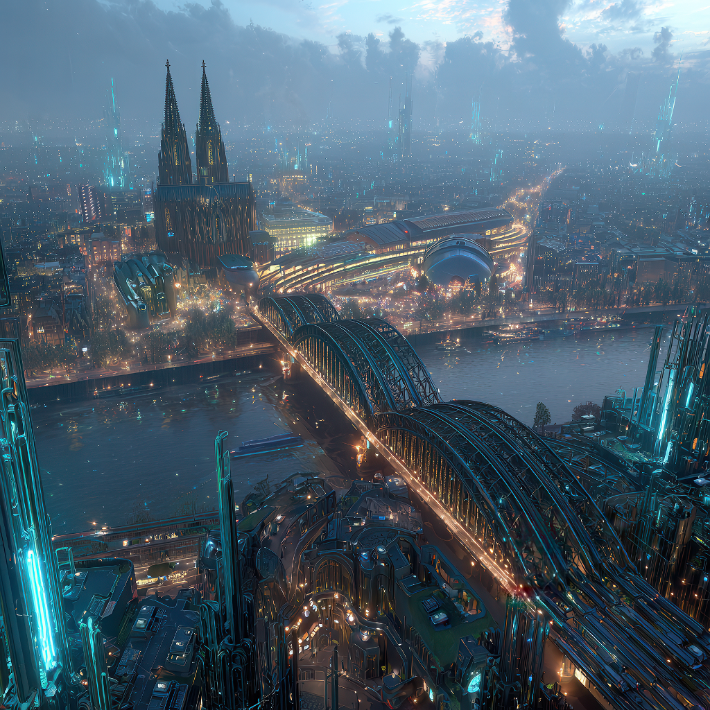 Futuristische Skyline von Köln mit Cyberpunk-Elementen, Dom und Hohenzollernbrücke.
