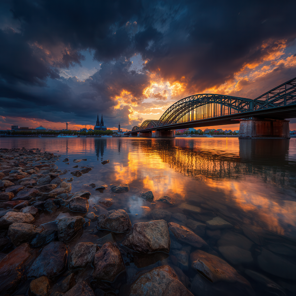 Hohenzollernbrücke in Köln bei Sonnenuntergang am Rhein.
