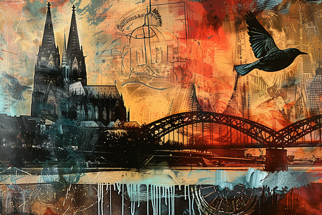 Digitales Kunstwerk einer Stadtansicht mit Kathedrale und Brücke vor einem Hintergrund aus intensiven Rot-, Orange- und Blautönen. Ein Vogel fliegt im Vordergrund über die Szene, die an Collage und Street Art erinnert.
