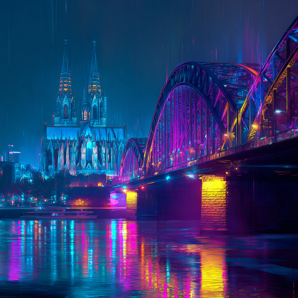 Digitale Illustration des Kölner Doms und der Hohenzollernbrücke bei Nacht in leuchtenden Neonfarben, die sich im Rhein spiegeln.
