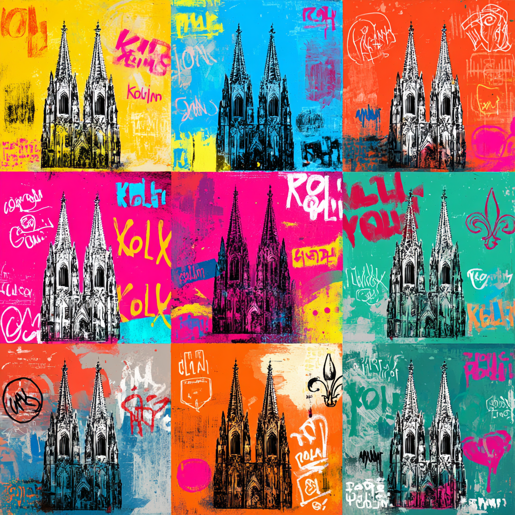 Pop-Art-Collage des Kölner Doms in neun bunten Farbvarianten mit Graffiti und Street-Art-Elementen.
