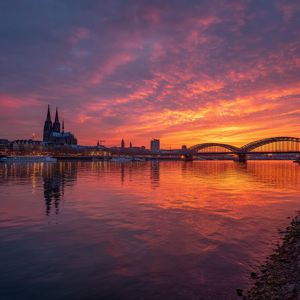 Kölner Dom und Hohenzollernbrücke vor einem intensiven, farbenprächtigen Sonnenuntergang mit Reflexionen im Rhein.
