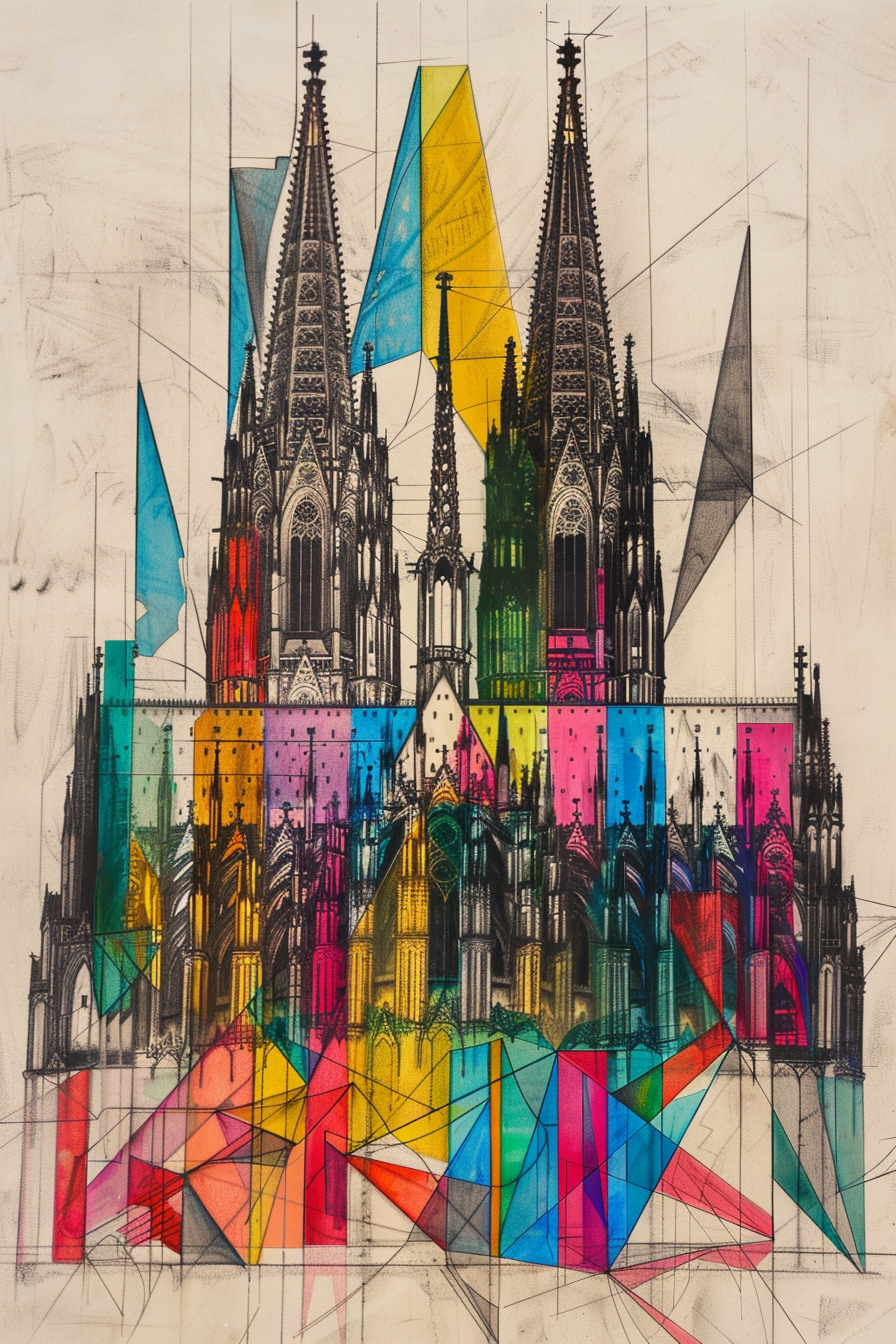 Abstrakte Darstellung des Kölner Doms mit bunten geometrischen Flächen in leuchtenden Farben.
