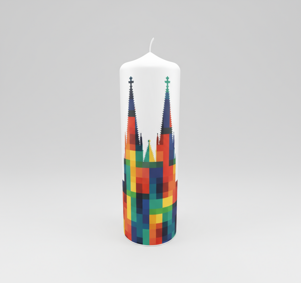 Kölner Dom Kerze 25 cm – weiße Kerze mit bunt-modernem Pixelmotiv des Kölner Doms, handgemachtes Design, Dekoration & Geschenk für Kölnliebhaber.