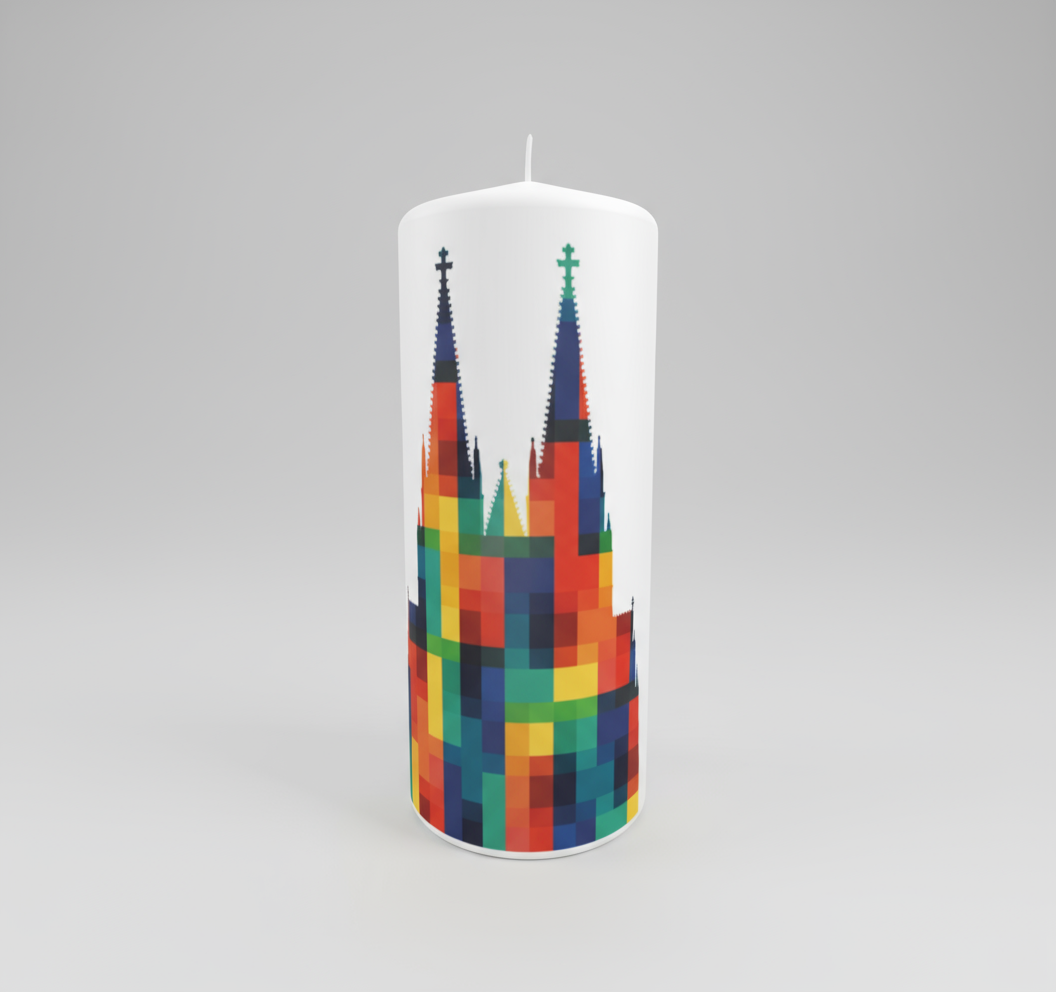 Weiße Kerze mit buntem Pixelmotiv des Kölner Doms – handgefertigte Designkerze in vier Größen, modernes Köln-Souvenir mit farbenfrohem Lichtspiel.