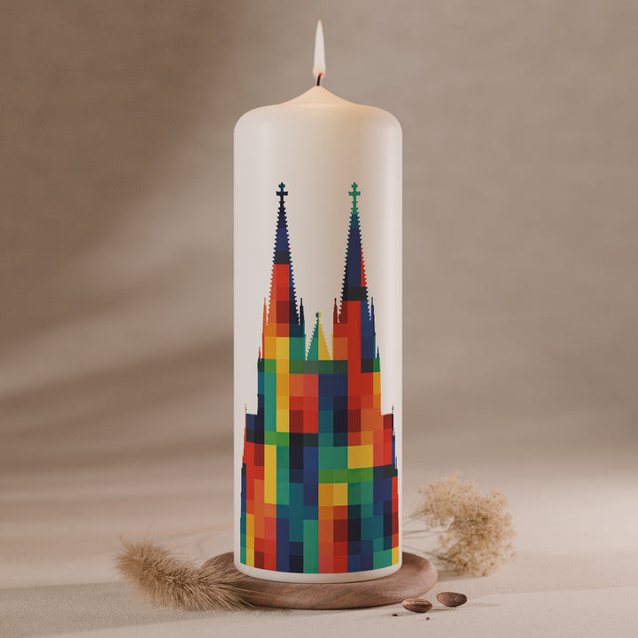 Kölner Dom Kerze mit buntem Pixelmotiv, 250 × 80 mm