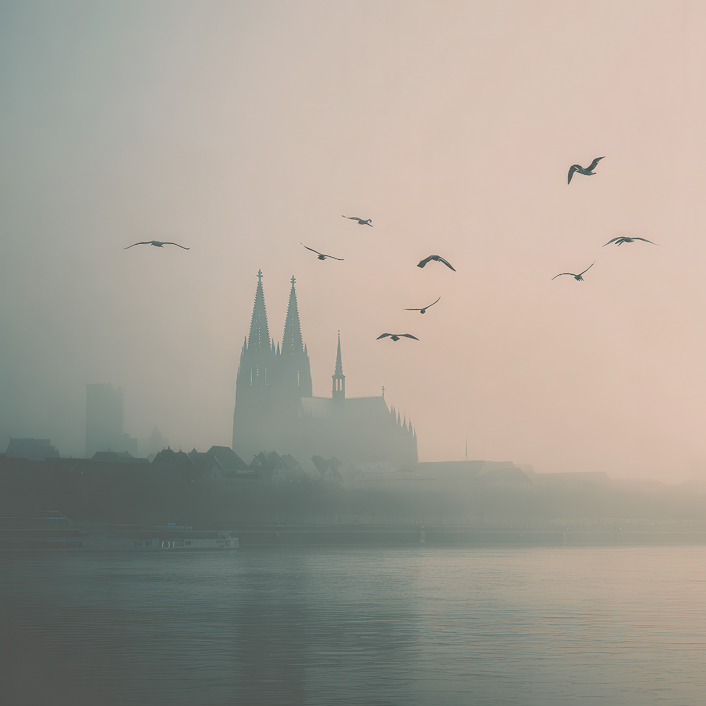 Der Kölner Dom im dichten Morgennebel mit Möwen, die über dem Rhein fliegen.
